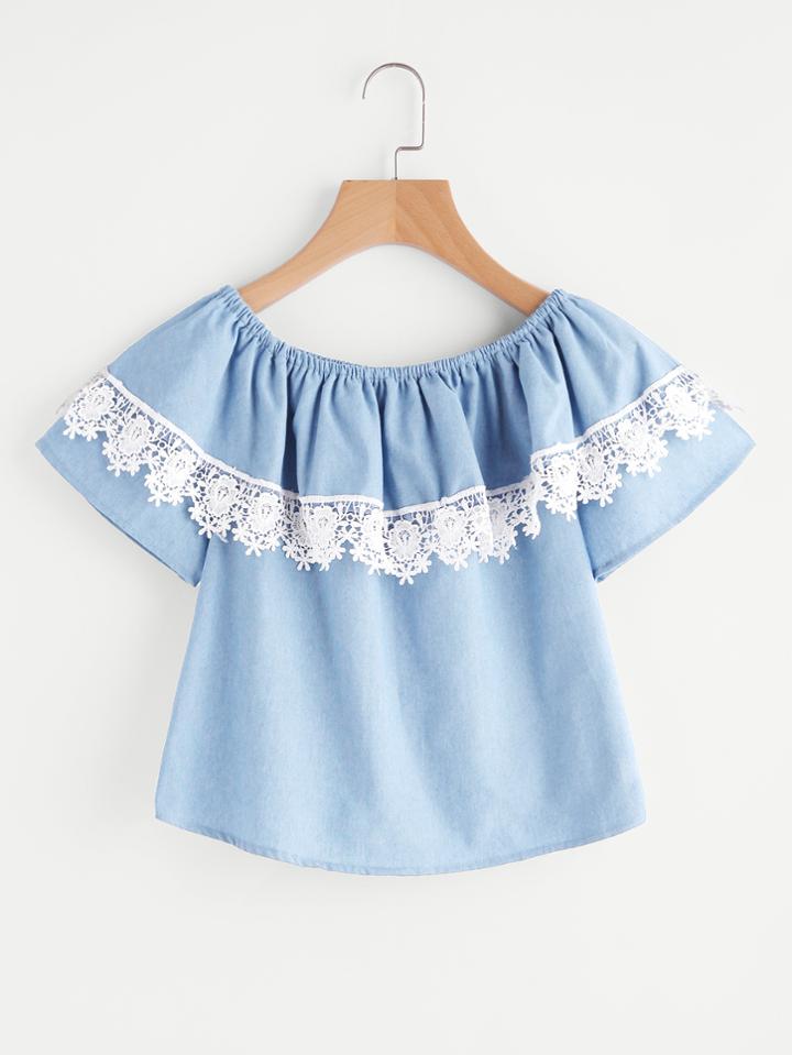 Shein Boat Neckline Contrast Crochet Lace Trim Denim Top