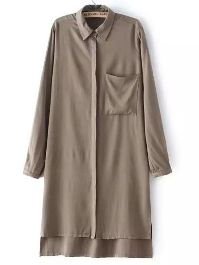 Shein Khaki Pocket Split Dip Hem Long Blouse