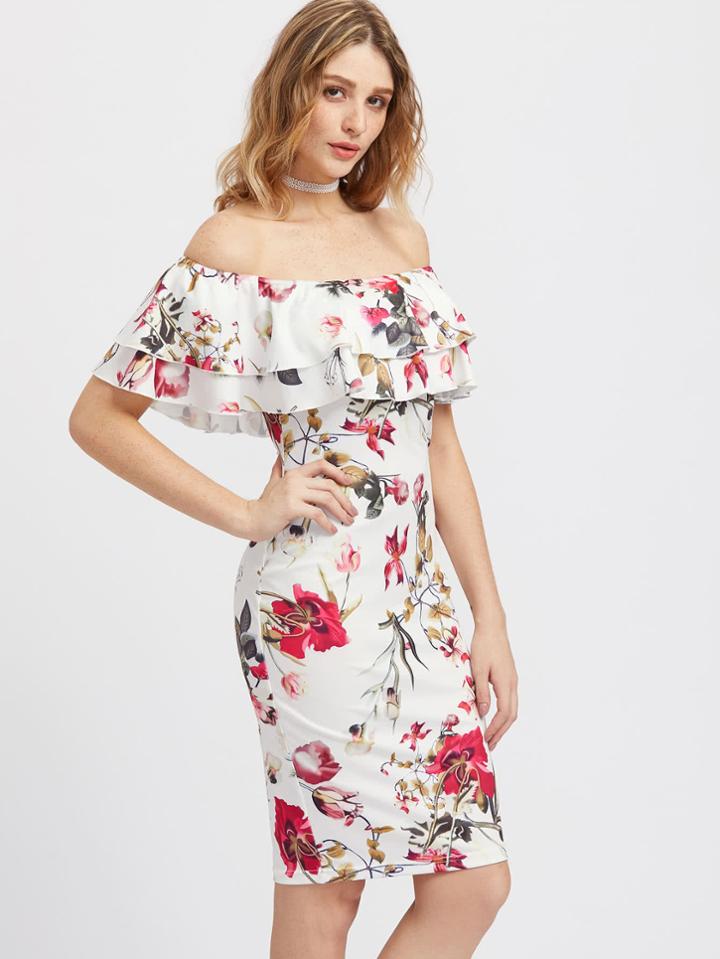 Shein Layered Flounce Off Shoulder Flower Print Dress