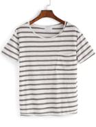 Shein Grey Crew Neck Pocket Striped T-shirt