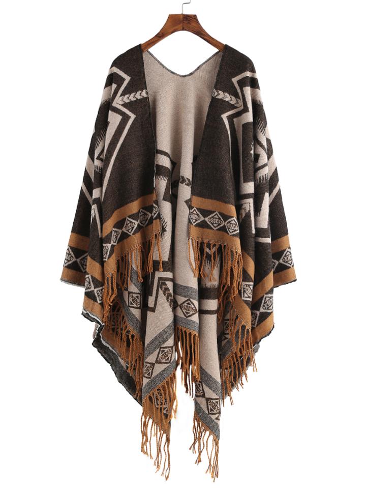 Shein Coffee Contrast Edge Vintage Print Fringe Shawl Scarf