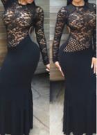Rosewe Lace Crochet Open Back Black Maxi Dress