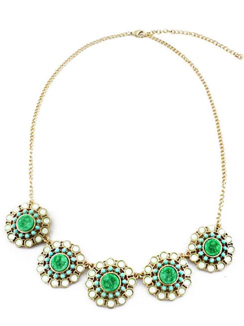 Shein Green Gemstone Gold Chain Flowers Necklace