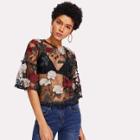 Shein Floral Embroidered Keyhole Back Sheer Mesh Top Without Bra