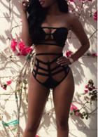 Rosewe Hollow Out Black High Waist Strapless Two Piece Swimwear
