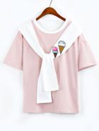 Shein Contrast Embroidered Faux Sleeve-tie Pink T-shirt
