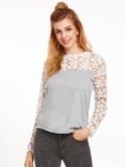 Shein Grey Contrast Crochet Keyhole Back T-shirt