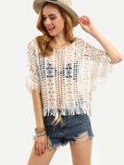 Shein White Crochet Hollow Out Fringe Lace Up Top