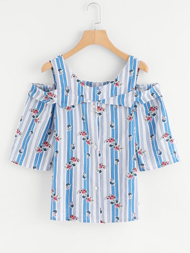 Shein Flower Print Open Shoulder Stripe Blouse