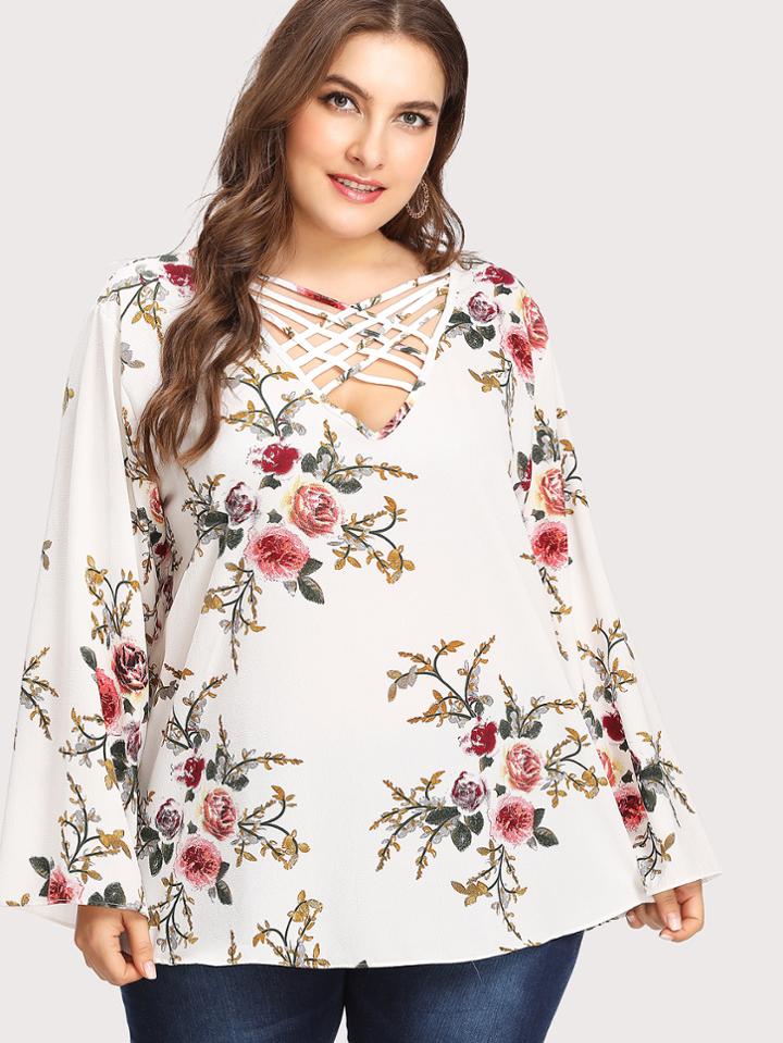 Shein Botanical Print Criss Cross Front Blouse