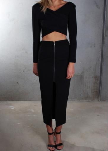 Rosewe Two Piece Black Zipper Closure Top And Skirt