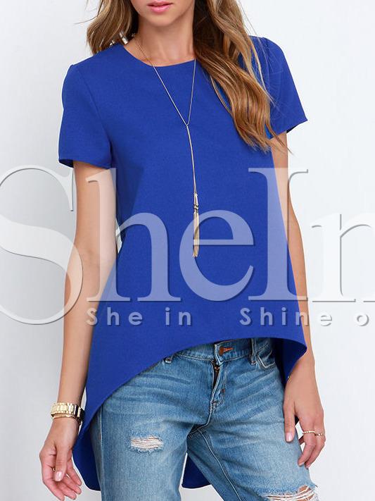 Shein Blue Short Sleeve High Low Blouse