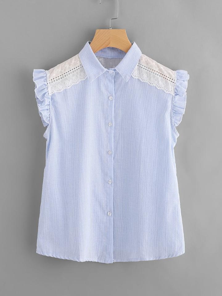 Shein Pinstripe Embroidered Frill Cuff Top
