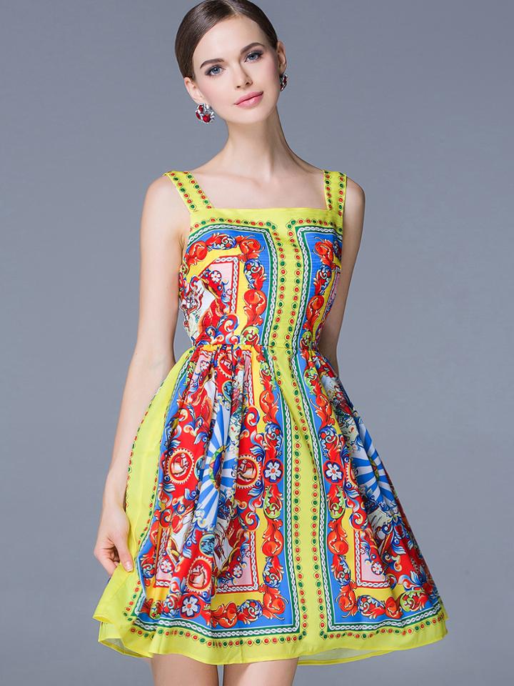 Shein Yellow Spaghetti Strap Sleeveless Print Pockets Dress