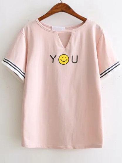 Shein Pink Smile Face Print Cut Out Fringe Detail T-shirt