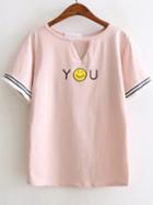 Shein Pink Smile Face Print Cut Out Fringe Detail T-shirt
