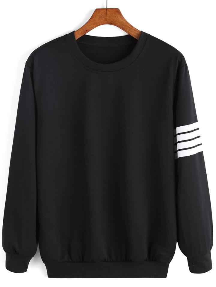 Shein Round Neck Varsity-striped Sweatshirt