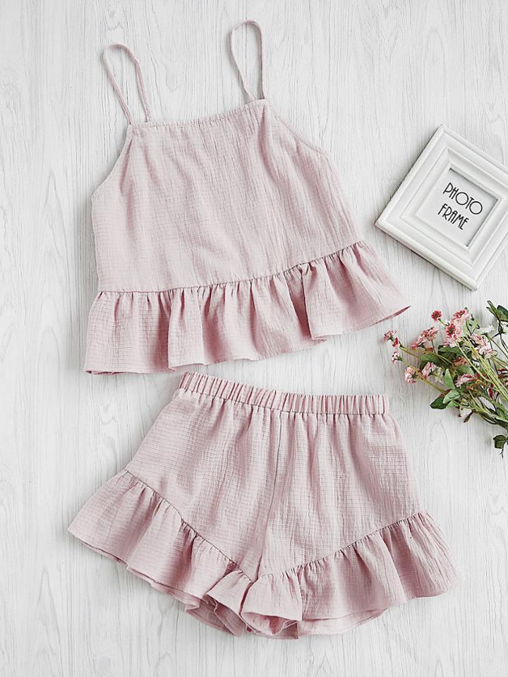 Shein Flounce Hem Cami Top With Shorts Pajama Set