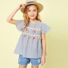Shein Girls Tassel Trim Striped Print Top