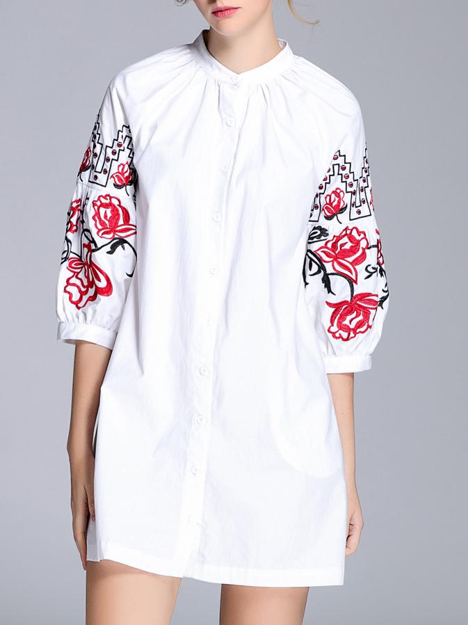 Shein White Embroidered Pockets Shift Dress
