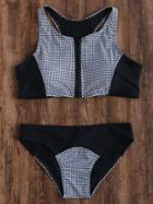 Shein Black And White Printed Zipper Up Racer Back Bikini Set