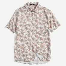 Shein Men Button Leaf Print Collar Top