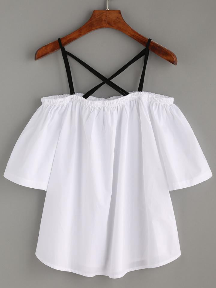 Shein White Lattice Cold Shoulder Blouse