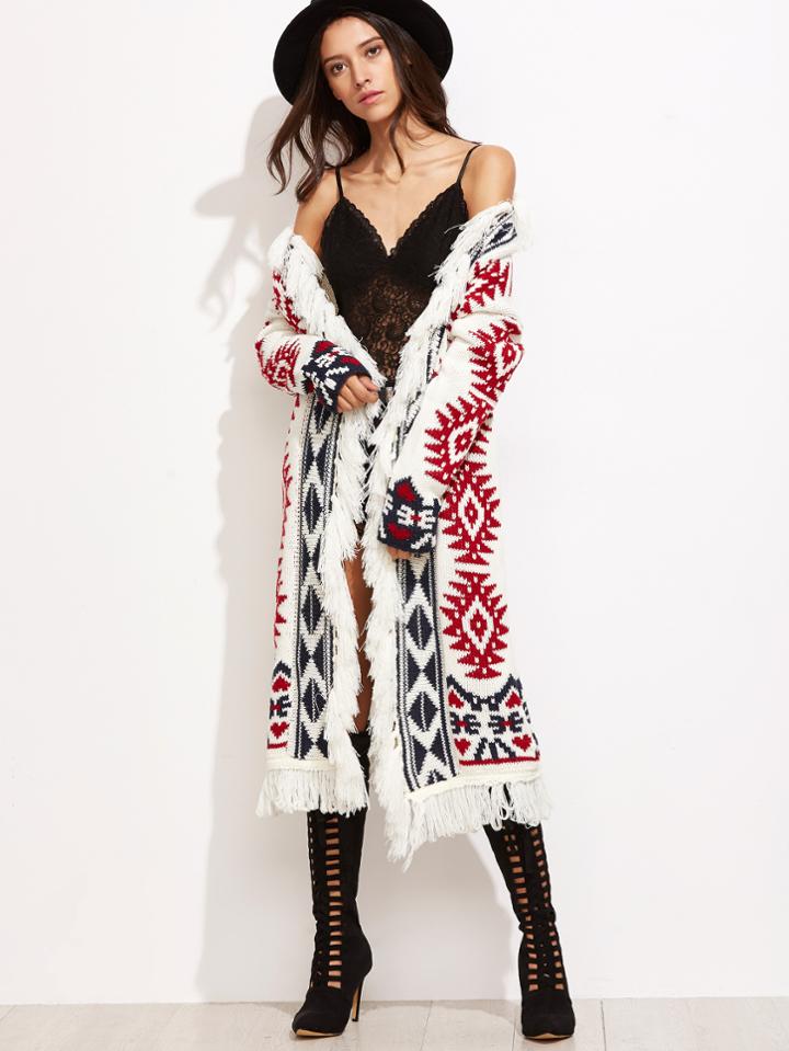 Shein White Tribal Pattern Drop Shoulder Fringe Sweater Coat