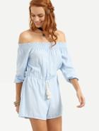 Shein Off-the-shoulder Tasselled Drawstring Waist Romper - Blue