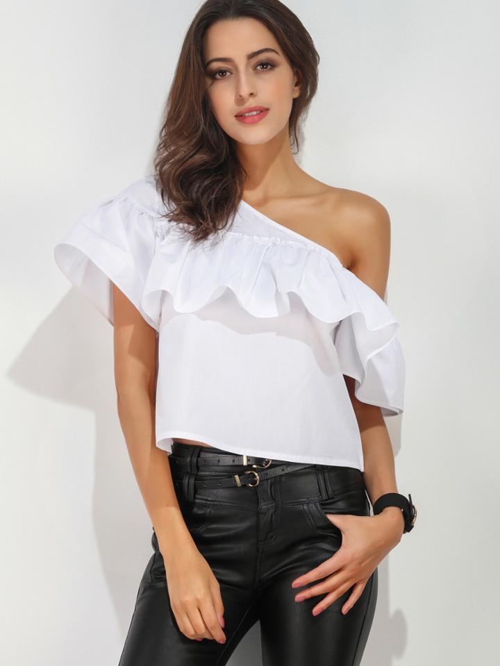 Shein Oblique Shoulder Ruffle Trim Top