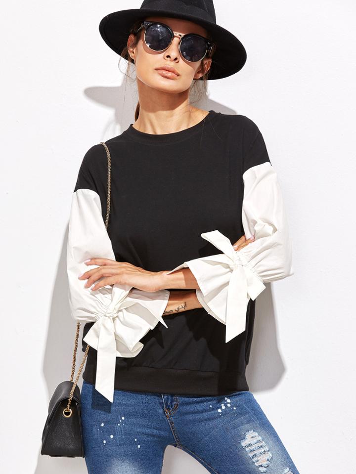 Shein Contrast Belted Sleeve Mixed Media Sweatshirt