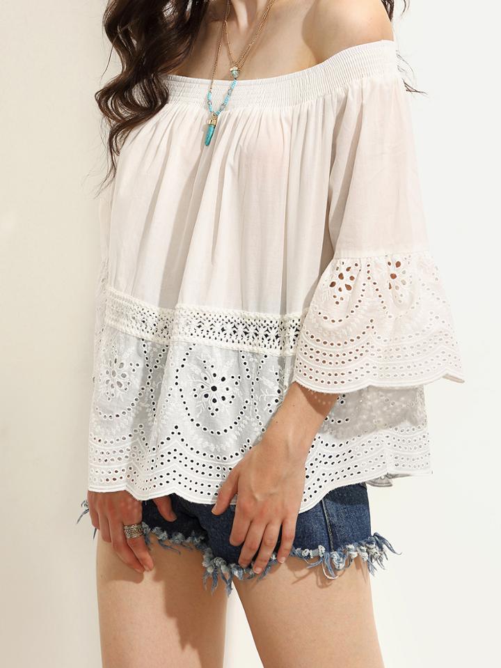Shein Beige Off The Shoulder Scallop Trim Blouse