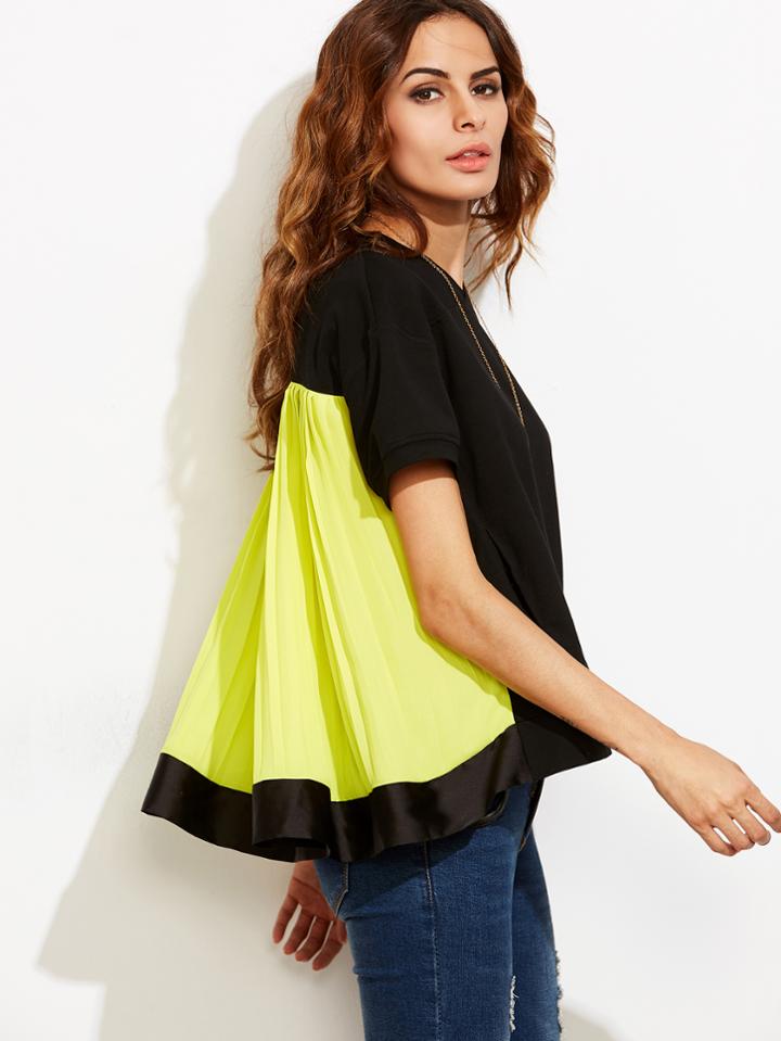 Shein Color Block V Neck Short Sleeve Blouse
