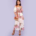 Shein Flounce Layered Neck Boxed Pleated Wide Leg Jumpsuit