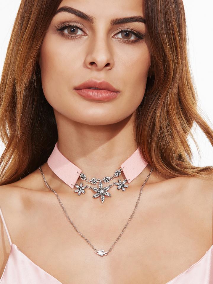 Shein Pink Layered Floral Rhinestone Choker Necklace