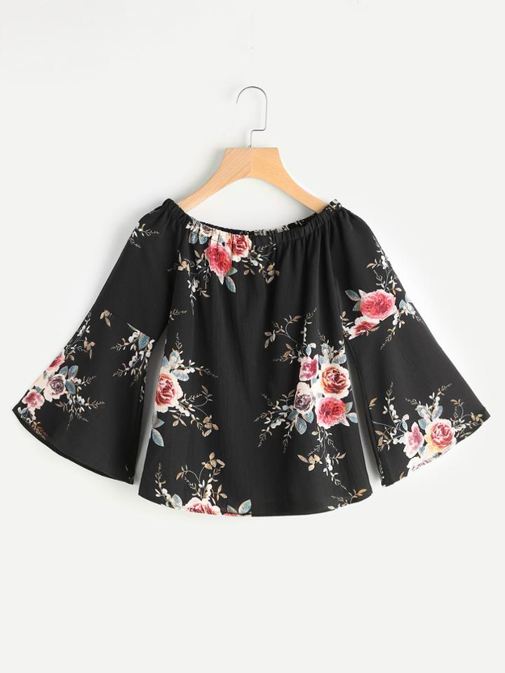 Shein Boat Neckline Flute Sleeve Floral Print Top