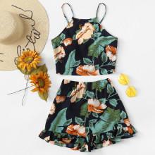Shein Floral Print Knot Cami Top With Shorts