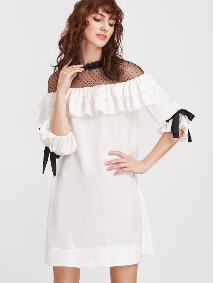 Shein White Contrast Dotted Mesh Shoulder Layered Ruffle Dress
