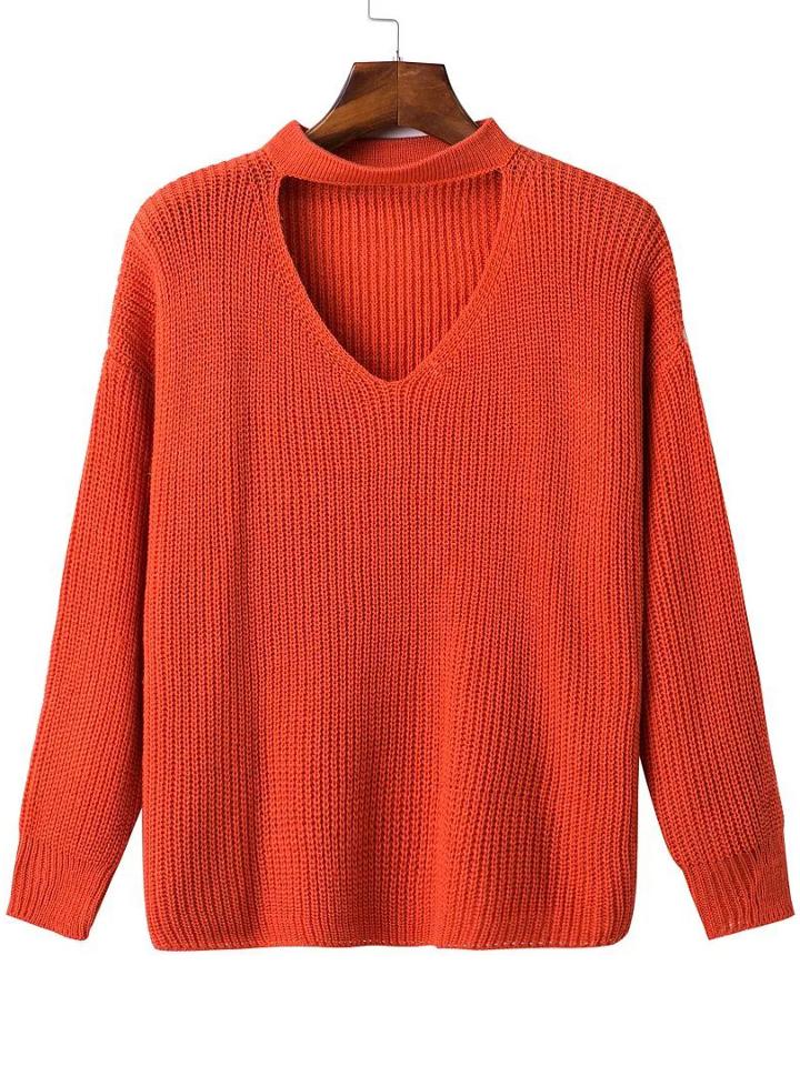Shein Red Choker V Neck Drop Shoulder Sweater