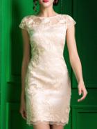 Shein Apricot Cap Sleeve Gauze Embroidered Sheath Dress