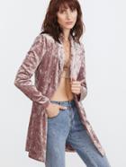 Shein Pink Shawl Collar Double Breasted Longline Crushed Velvet Blazer