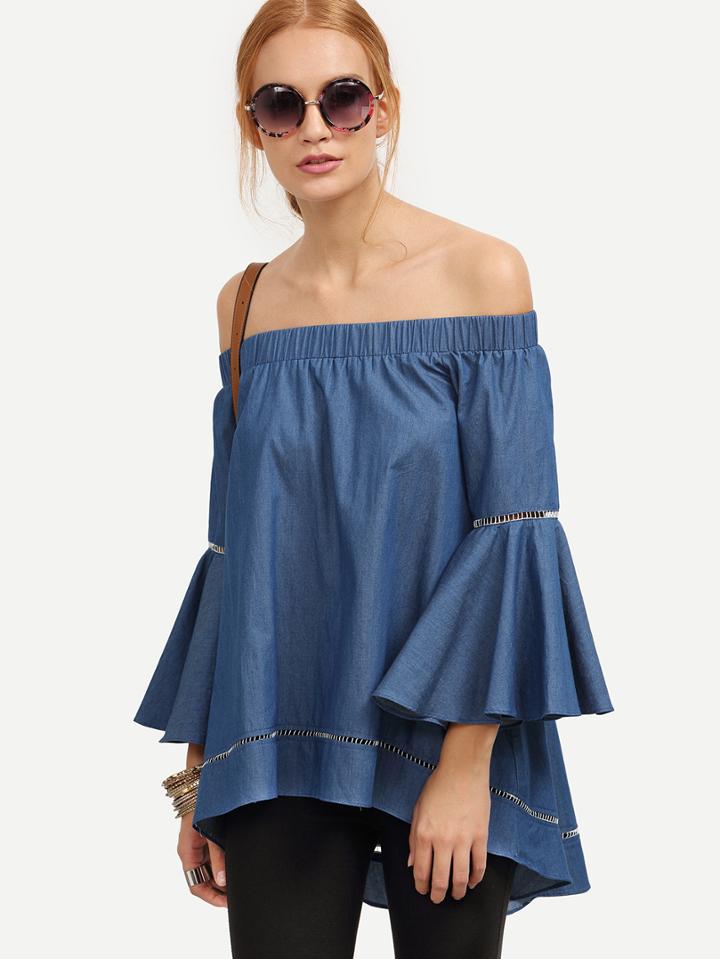 Shein Demin Hollow Insert Dip Hem Off The Shoulder Blouse