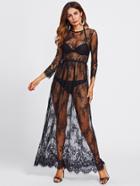 Shein Buttoned Split Back Sheer Floral Lace Dress