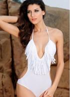 Rosewe Pure White Lace Up Design Women Monokini With Tassel V Neck