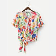 Shein Watercolor Florals Knot Hem Blouse