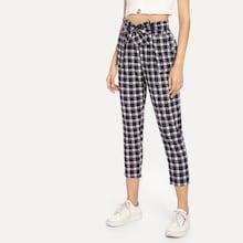 Shein Ruffle Trim Self Tie Waist Plaid Pants