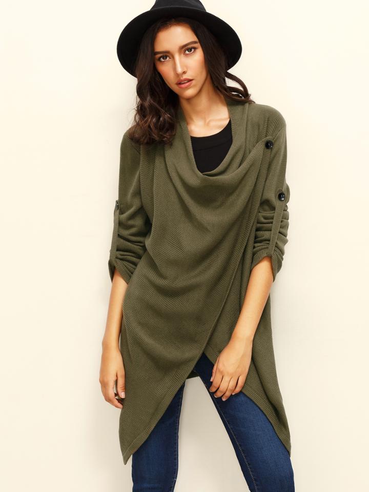 Shein Army Green Button Asymmetrical Long Sleeve Knitted Outerwear