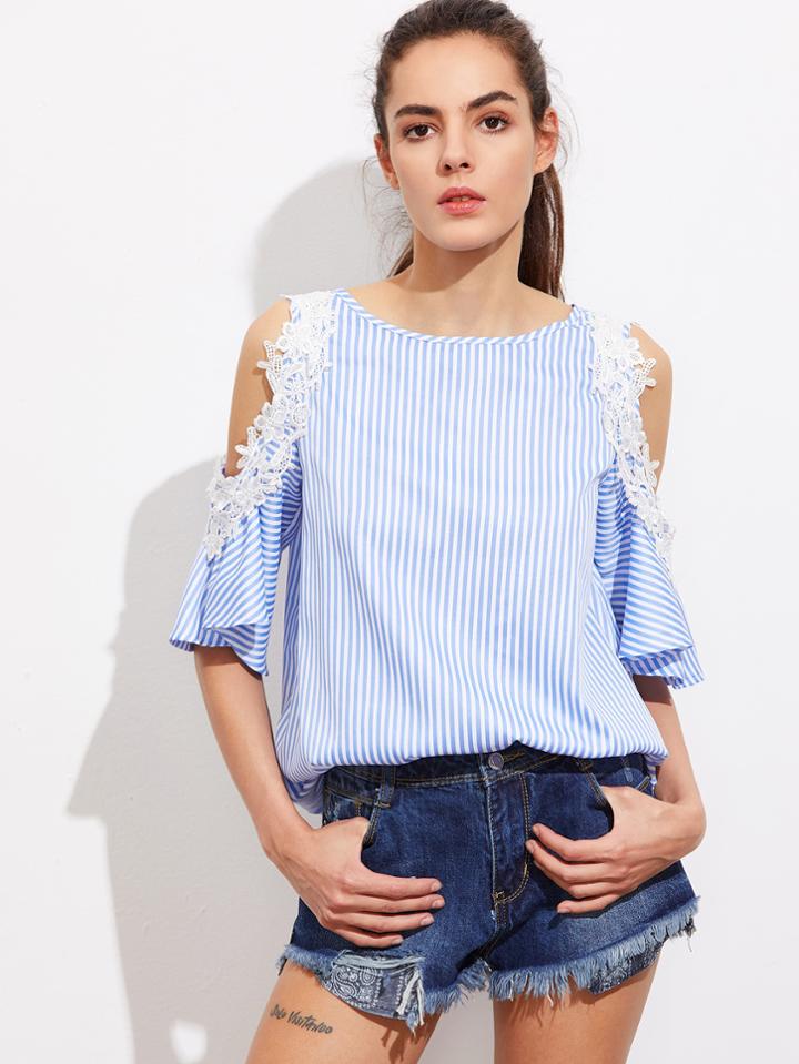 Shein Lace Applique Open Shoulder Keyhole Back Striped Top