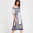 Shein Blue And White Floral Print Off The Shoulder Blouson Dress