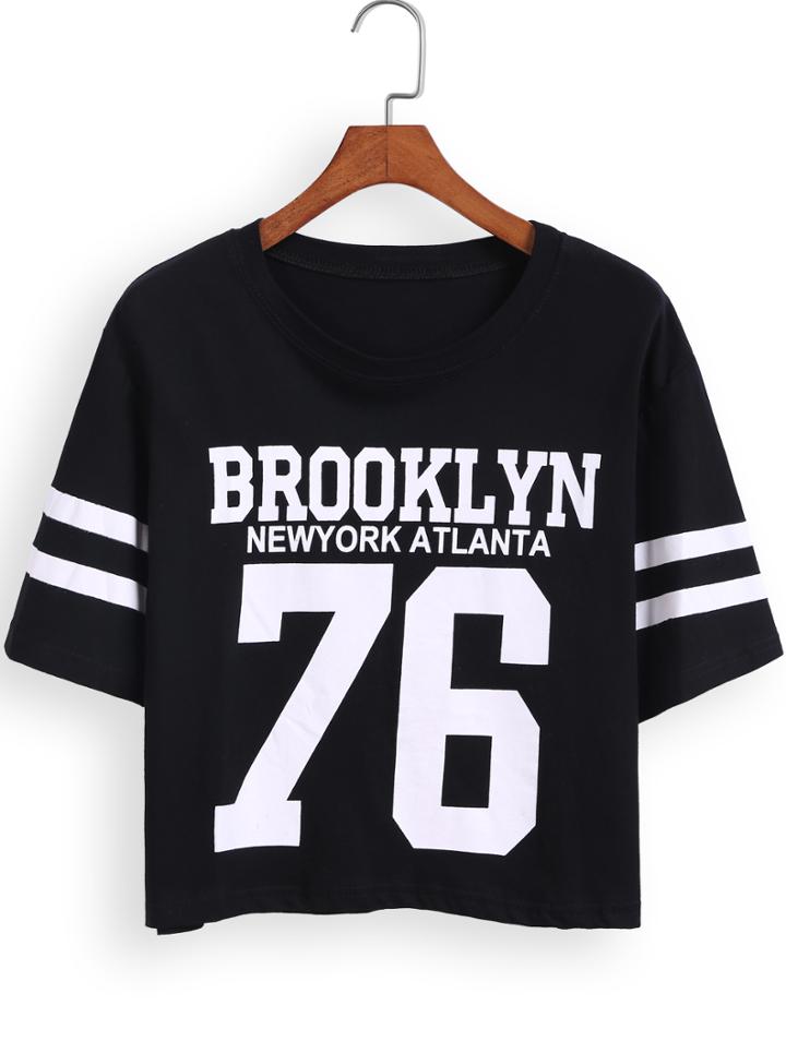 Shein Black Short Sleeve Brooklyn 76 Print Crop T-shirt